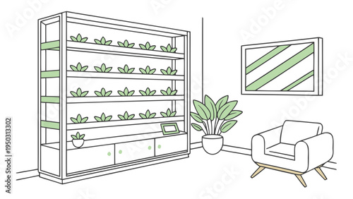 Indoor hydroponic garden cabinet with shelves of seedlings growing under lights in modern home interior line art illustration