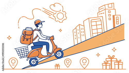 Courier delivering package on electric scooter riding uphill in modern city with buildings and navigation pins line art illustration