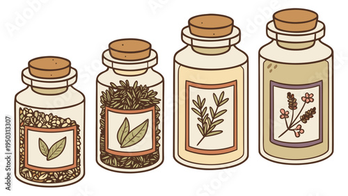 Set of glass jars with dried herbs and leaves for tea or natural medicine hand drawn illustration