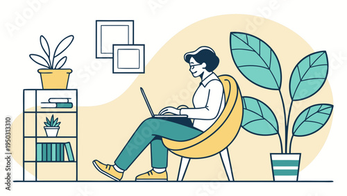 Young man reading book while sitting in comfortable chair at home with plants and cozy interior flat line illustration