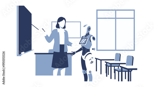 Robot Tutor in Classroom: A futuristic scene unfolds as a humanoid robot engages in a learning environment, with a teacher beside the robot and a chalkboard. It is a moment of progress and discovery
