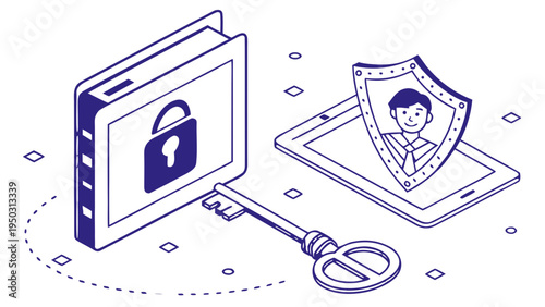 Digital security concept with protected data book lock key and user profile on tablet line illustration