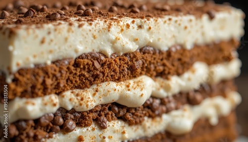 Close-Up of Layered Chocolate Cake with Cream and Chocolate Chips Garnish on a Dark Background