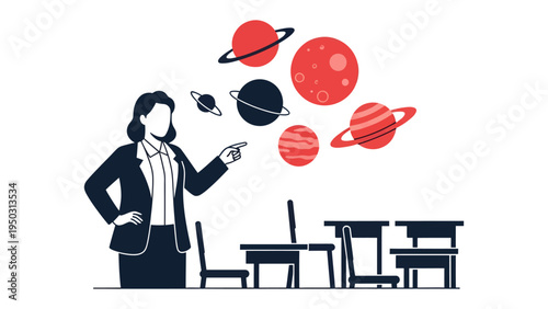 Cosmic lesson: A dedicated teacher leads an astronomy class, presenting a colorful display of planets above the desks and chairs, igniting curiosity in the vast universe.