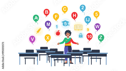 Alphabet Celebration in Classroom: An elementary educator welcomes her students with open arms, surrounded by floating balloons adorned with letters and numbers. A dynamic depiction of learning.