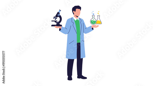 Scientist with Microscope and Flasks: A focused scientist, in a lab coat, carefully balancing a microscope in one hand and beakers in the other, ready to begin experiments. 