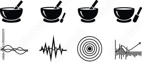 Black and white icons of mortars pestles and various scientific graphs