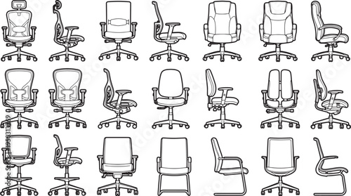 An assortment of different chair designs illustrated in a clean, professional aesthetic, showcasing various styles. 