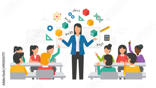 Guiding Minds: A teacher, arms outstretched, engages with students, surrounded by icons of learning. A visual representation of knowledge exchange.