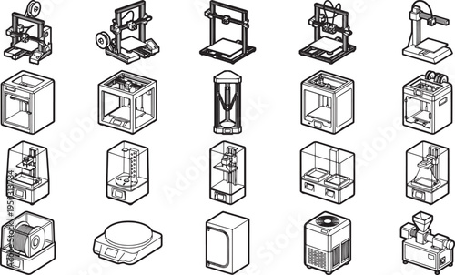 A collection of 3D printers in a clean, isometric style, showcasing diverse designs and technological advancements.