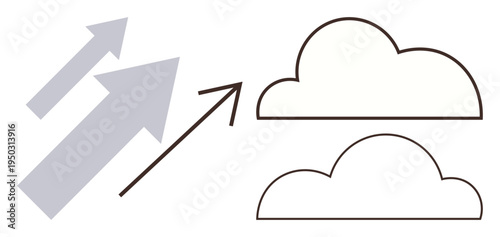 Business growth, career development, data storage, cloud computing, innovation, strategic planning. Upward arrows pointing towards clouds. Growth and cloud computing