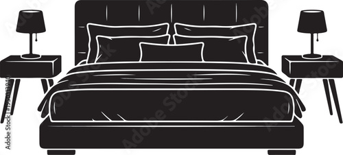 Modern King-Size Bed with Symmetrical Nightstands and Lamps Silhouette