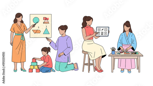 Early Learning Educators: A collection of educators in a classroom setting, showcasing diverse activities and learning methods to enhance early childhood education and development.