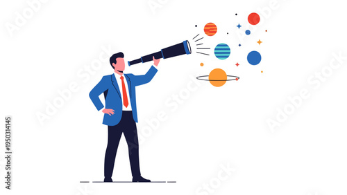 Visionary Insights: A modern businessman peers through a telescope, gazing at colorful celestial objects, symbolizing foresight, innovation, and strategic planning. 