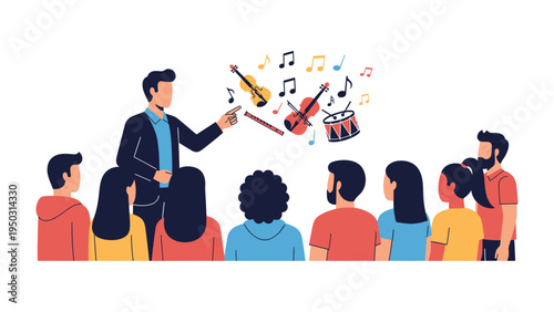 Music Class Symphony: A conductor passionately leads a class of aspiring musicians through a symphony of notes and instruments. The scene brims with artistic energy and the joy of shared creation.