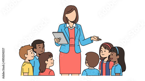 Engaging Classroom Interaction: A teacher facilitates a learning session, guiding a group of attentive children in a classroom setting, showcasing effective education and knowledge transfer.