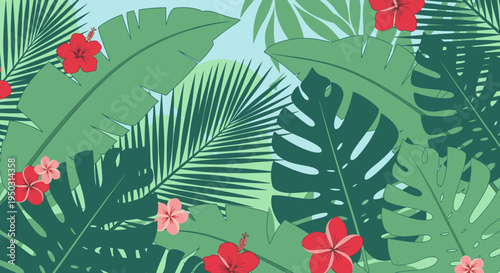 Tropical leaves and flowers background illustration.