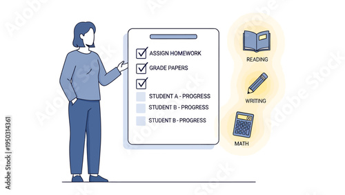 Teacher with Task List: An educator stands before a digital task list, checking off completed items while highlighting the importance of literacy, writing, and arithmetic.