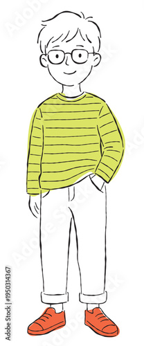 Vector illustration, character, glasses. Striped shirt, pants, sneakers. Full-body standing student content.