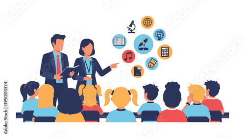 Education Team and Pupils: A teacher couple interacts with a classroom full of children, sharing knowledge. A creative concept of education.