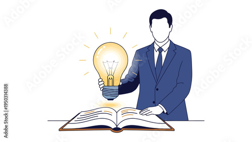 Illuminating Wisdom: A well-dressed individual holds a glowing lightbulb above an open book, symbolizing insight, education, and the power of knowledge and fresh ideas. 