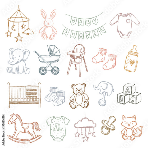 Cute baby nursery element collection. Hand-drawn toys, clothes, animals. Vintage vector icons.