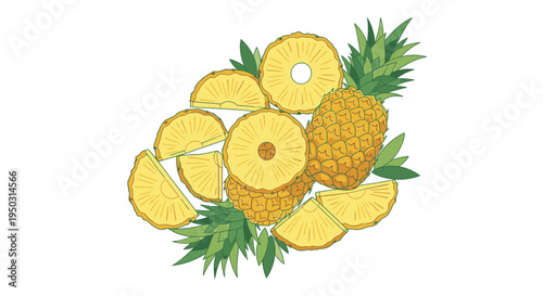 A vibrant illustration of pineapple slices and a whole pineapple.