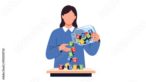 Spilling Words: A woman, representing educators, carefully pours colorful letter blocks from a jar onto a table, symbolizing the act of sharing knowledge and building language skills. 