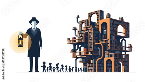 Whispers of Discovery: An illustration of a solitary figure leading a line of children, illuminated by a lantern, towards an abstract architectural structure housing countless books.