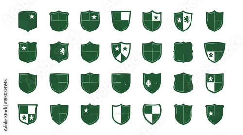Collection of green shield emblems on black background