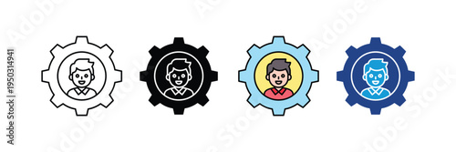 User profile setting and account management icon set. Person inside gear symbol, human resource administration, and technical support icons. Vector Illustration.