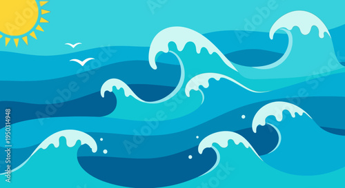 A vibrant illustration of ocean waves under a sunny sky with seagulls flying.