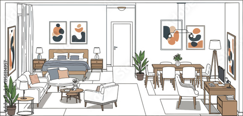 Minimalist open concept studio apartment layout featuring combined living dining and sleeping areas