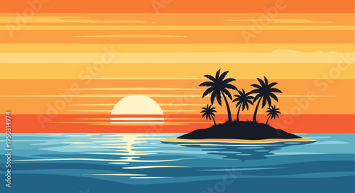 Tropical island with palm trees at sunset.