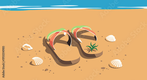 Colorful flip flops on sandy beach.