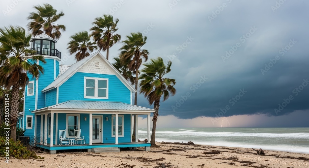 Fototapeta premium Coastal Lighthouse Home Under Stormy Skies.