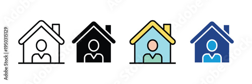 User profile home and stay at home icon set. Person inside a house symbol, remote work, and residential occupancy icons. Vector Illustration.