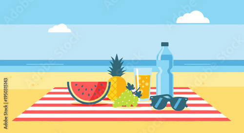 A vibrant flat illustration of a summer beach picnic with fresh fruits, drinks, and sunglasses on a striped blanket by the ocean.