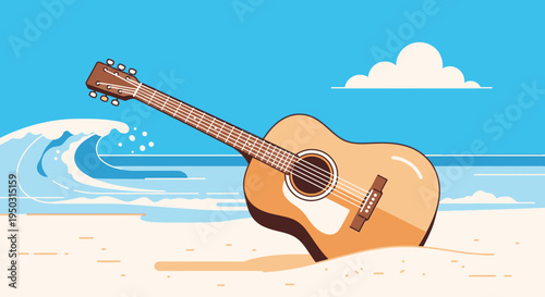 An acoustic guitar half-buried in the golden sand of a sunny beach with a blue sky, a white cloud, and a breaking ocean wave.