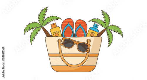 A cartoon illustration of a beach bag filled with summer vacation essentials like palm trees, flip-flops, sunscreen bottles, and sunglasses.