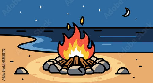 A charming cartoon illustration of a cozy campfire burning brightly on a sandy beach at night, with the ocean, stars, and a crescent moon in the background.
