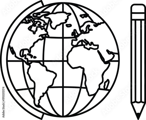 Simple black line art icon showing a globe symbolizing world knowledge next to a sharpened writing pencil