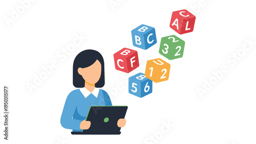 Digital Learning Adventure: A woman engages in digital learning with a tablet, cubes with numbers and letters illustrating educational exploration, innovation.