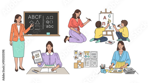 Educator's Embrace: An illustrative showcase of educators, nurturing young minds through diverse teaching methods and interactive learning experiences.