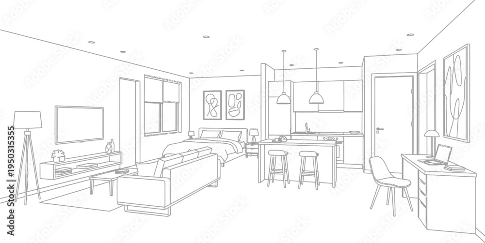 Obraz premium Detailed black and white line art illustration depicting a modern open concept studio apartment layout design