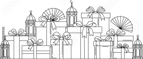 Minimalist outline illustration showcasing a joyful arrangement of various gift boxes, festive lanterns, and decorative fans, ideal for holiday celebrations and gifts.
