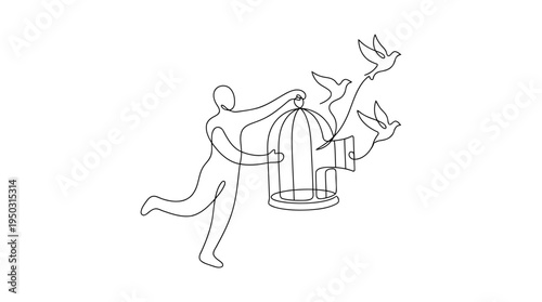 Person Releasing Birds from Cage Continuous Single Line Minimalist Freedom Line Art Illustration