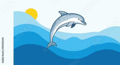 A cartoon illustration of a grey dolphin leaping gracefully from blue ocean waves under a bright yellow sun.