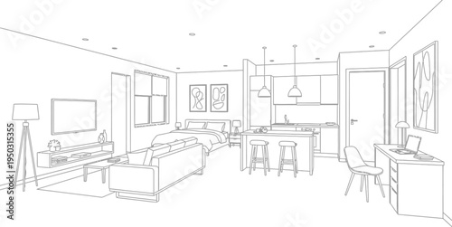 Detailed black and white line art illustration depicting a modern open concept studio apartment layout design