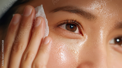Macro of glowing skin being wiped with a tissue
